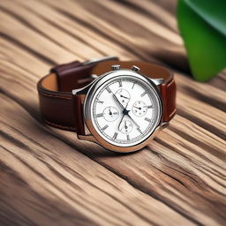 Generate an image of a classic wrist watch with a leather strap and a shiny silver dial