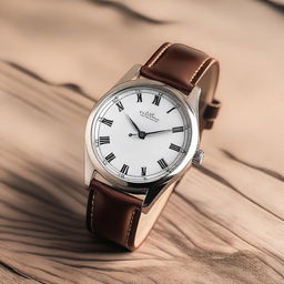 Generate an image of a classic wrist watch with a leather strap and a shiny silver dial