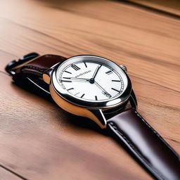 Generate an image of a classic wrist watch with a leather strap and a shiny silver dial