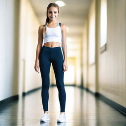 Generate an image of a teenage schoolgirl wearing sports leggings