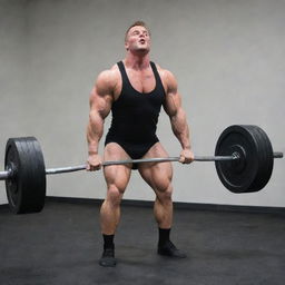 A robust individual struggling with a heavy barbell for a deadlift, resulting in a comedic moment where their pants get ripped