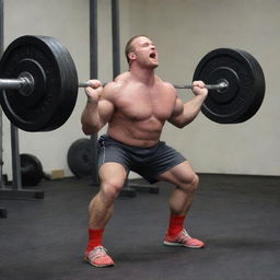 A robust individual struggling with a heavy barbell for a deadlift, resulting in a comedic moment where their pants get ripped