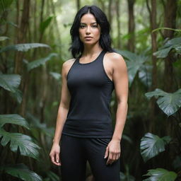 A detailed, full body, close-up of an athletic woman with black hair wearing a gym suit in a jungle environment.