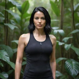 A detailed, full body, close-up of an athletic woman with black hair wearing a gym suit in a jungle environment.