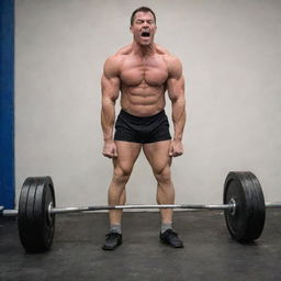 A muscular individual exerting great effort in a deadlift, experiencing a humorous mishap as his pants tear