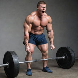 A muscular individual exerting great effort in a deadlift, experiencing a humorous mishap as his pants tear