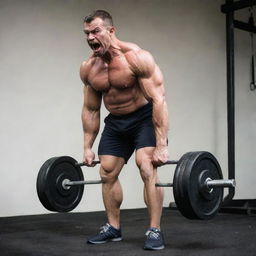 A muscular individual exerting great effort in a deadlift, experiencing a humorous mishap as his pants tear