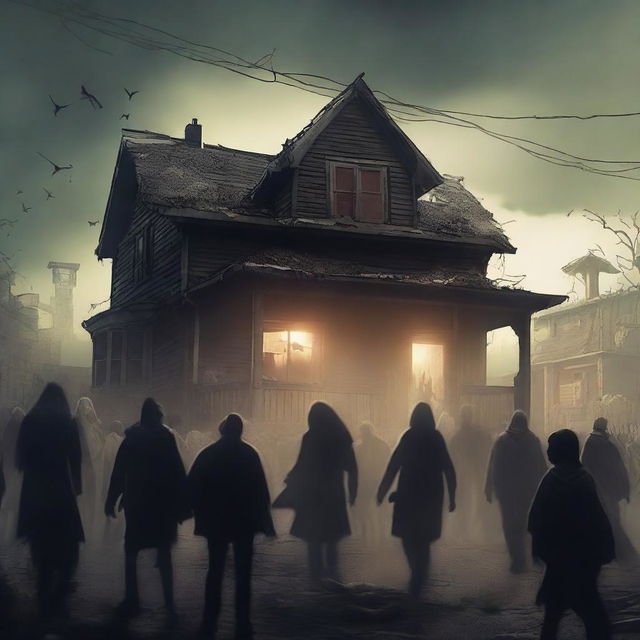 A house surrounded by zombies in a post-apocalyptic setting