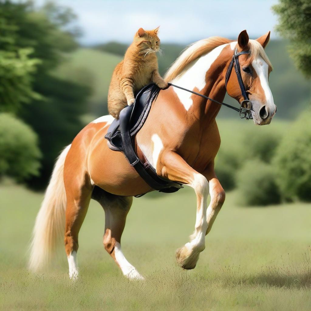 A cat riding a horse in a playful and friendly manner