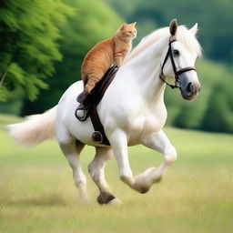 A cat riding a horse in a playful and friendly manner