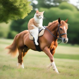 A cat riding a horse in a playful and friendly manner