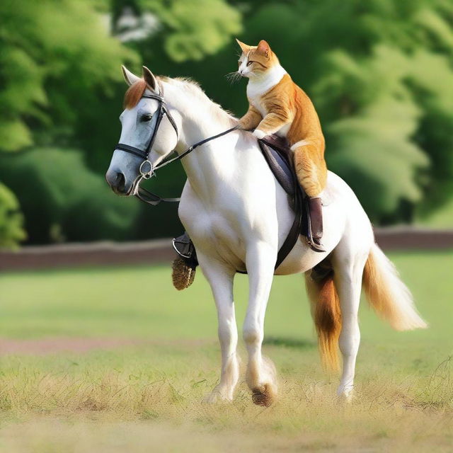 A cat riding a horse in a playful and friendly manner