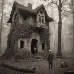 In a sepia-toned image, envision an ancient, moody forest. At its heart lies an abandoned house. Nearby, an old man engages in conversation with a stone golem, enhancing the air of mystery.