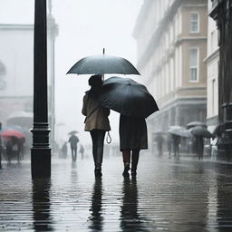 A person walking under the rain with an umbrella in their hand, and another person standing next to them.