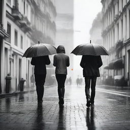 A person walking under the rain with an umbrella in their hand, and another person standing next to them.