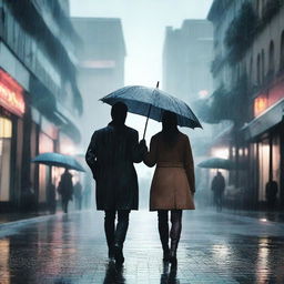 A person walking under the rain with an umbrella in their hand, and another person standing next to them.