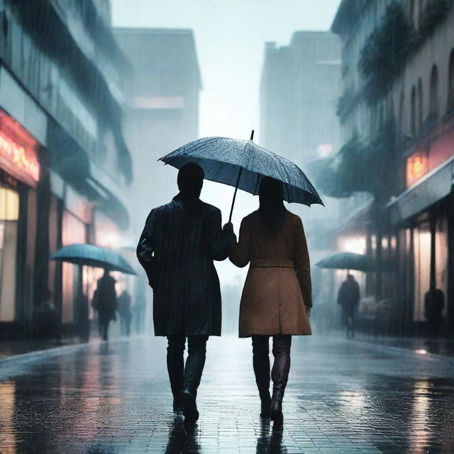 A person walking under the rain with an umbrella in their hand, and another person standing next to them.