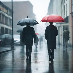 A person walking under the rain with an umbrella in their hand, and another person standing next to them.