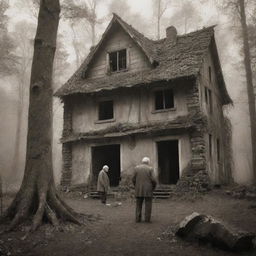 In a sepia-toned image, envision an ancient, moody forest. At its heart lies an abandoned house. Nearby, an old man engages in conversation with a stone golem, enhancing the air of mystery.