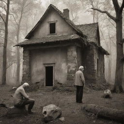 In a sepia-toned image, envision an ancient, moody forest. At its heart lies an abandoned house. Nearby, an old man engages in conversation with a stone golem, enhancing the air of mystery.