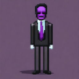 Create a pixel art image of a slender man in a business suit with black hair up to his neck, and purple eyes