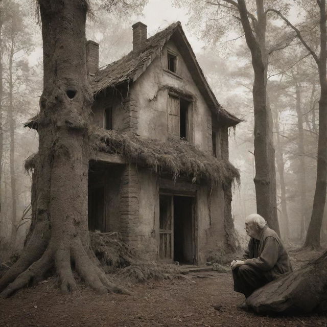 In a sepia-toned image, envision an ancient, moody forest. At its heart lies an abandoned house. Nearby, an old man engages in conversation with a stone golem, enhancing the air of mystery.