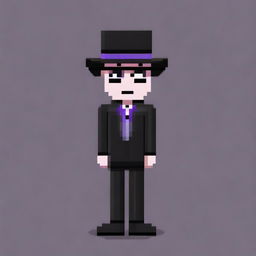 Create a pixel art image of a slender man in a business suit with black hair up to his neck, and purple eyes