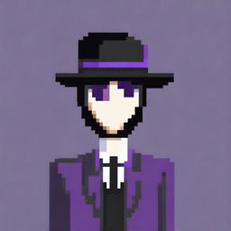 Create a pixel art image of a slender man in a business suit with black hair up to his neck, and purple eyes