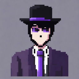 Create a pixel art image of a slender man in a business suit with black hair up to his neck, and purple eyes