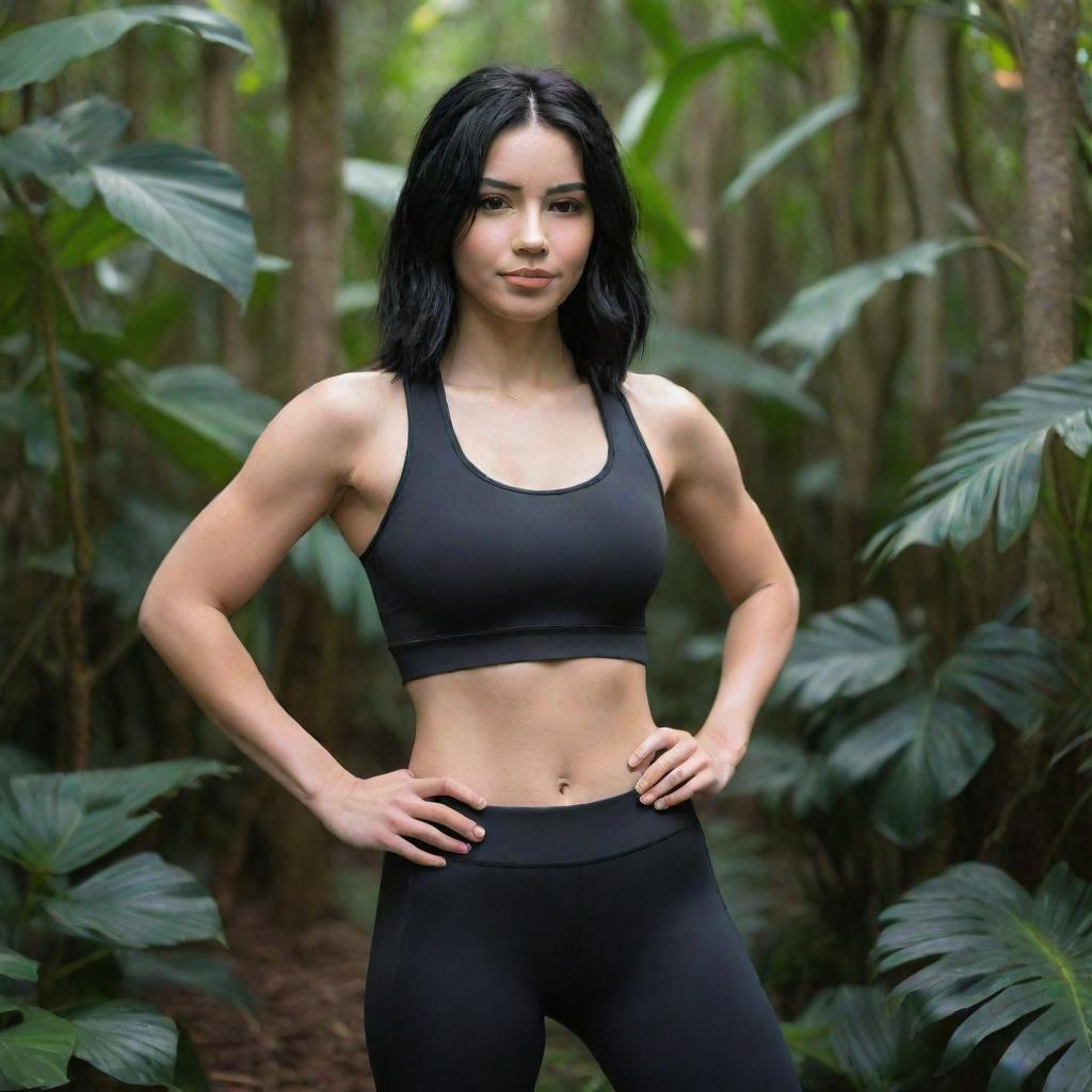 A detailed, full body, close-up of a Disney-styled, athletic girl with black hair, wearing a gym suit, in a jungle environment.