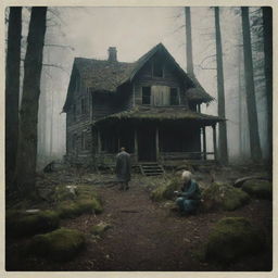 A dark, atmospheric Polaroid-style image of an old forest. An abandoned house lies in its midst and an elderly man is captured in conversation with a stone golem, adding an eerie mystery to the scene.