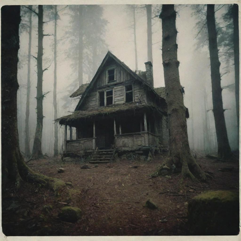 A dark, atmospheric Polaroid-style image of an old forest. An abandoned house lies in its midst and an elderly man is captured in conversation with a stone golem, adding an eerie mystery to the scene.