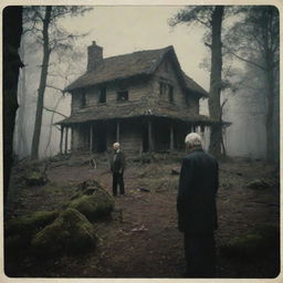 A dark, atmospheric Polaroid-style image of an old forest. An abandoned house lies in its midst and an elderly man is captured in conversation with a stone golem, adding an eerie mystery to the scene.