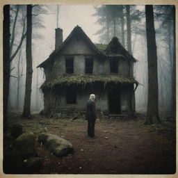 A dark, atmospheric Polaroid-style image of an old forest. An abandoned house lies in its midst and an elderly man is captured in conversation with a stone golem, adding an eerie mystery to the scene.