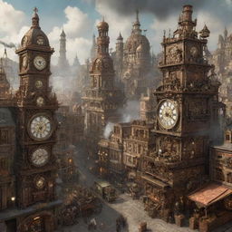 A sprawling city in the Clockpunk style, with buildings adorned with intricate gears, clocks and steam-powered contraptions creating a captivating vintage scene.