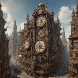 A sprawling city in the Clockpunk style, with buildings adorned with intricate gears, clocks and steam-powered contraptions creating a captivating vintage scene.