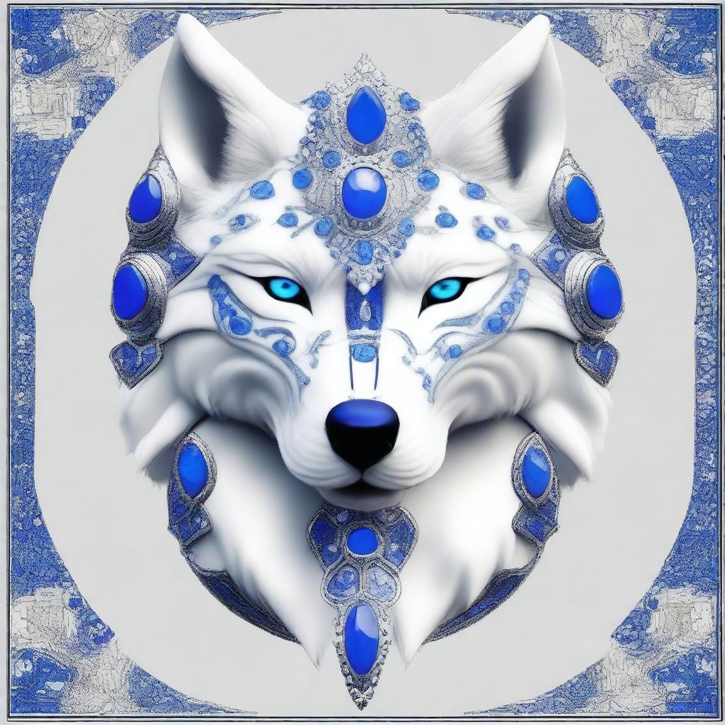 Create an image of a white wolf armour adorned with shimmering blue gems