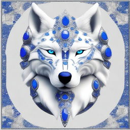 Create an image of a white wolf armour adorned with shimmering blue gems