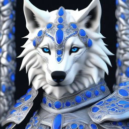 Create an image of a white wolf armour adorned with shimmering blue gems