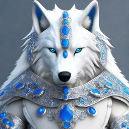 Create an image of a white wolf armour adorned with shimmering blue gems