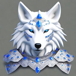 Create an image of a white wolf armour adorned with shimmering blue gems