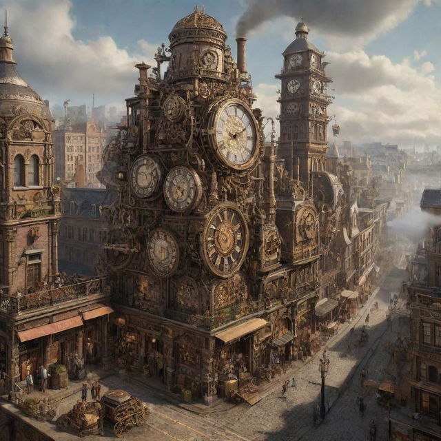 A sprawling city in the Clockpunk style, with buildings adorned with intricate gears, clocks and steam-powered contraptions creating a captivating vintage scene.