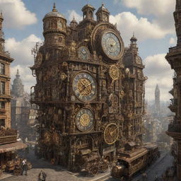 A sprawling city in the Clockpunk style, with buildings adorned with intricate gears, clocks and steam-powered contraptions creating a captivating vintage scene.