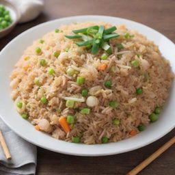 A delicious and colorful plate of fried rice, garnished with spring onions, fluffy and glistening under soft lighting.