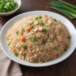 A delicious and colorful plate of fried rice, garnished with spring onions, fluffy and glistening under soft lighting.