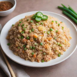 A delicious and colorful plate of fried rice, garnished with spring onions, fluffy and glistening under soft lighting.