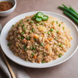 A delicious and colorful plate of fried rice, garnished with spring onions, fluffy and glistening under soft lighting.