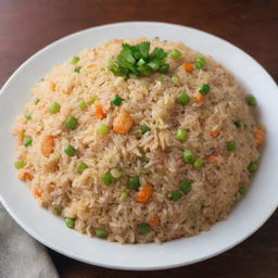 A delicious and colorful plate of fried rice, garnished with spring onions, fluffy and glistening under soft lighting.