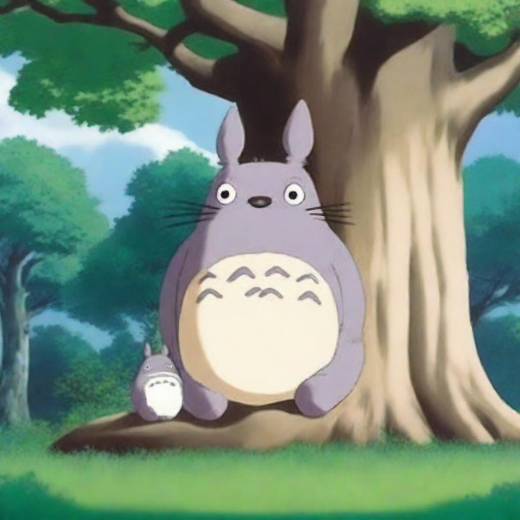 A serene image of Totoro, the beloved character from Studio Ghibli, sitting peacefully against the trunk of a large tree