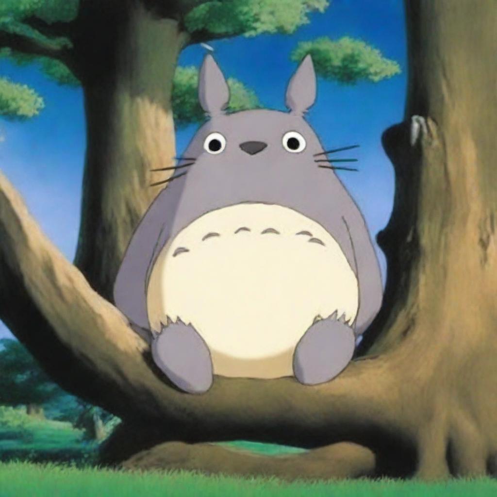 A serene image of Totoro, the beloved character from Studio Ghibli, sitting peacefully against the trunk of a large tree